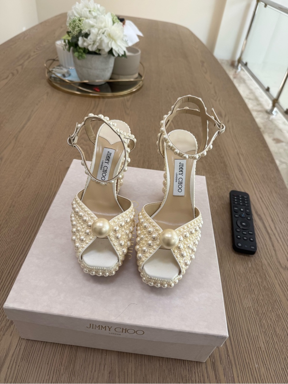 Jimmy Choo Pearl-Embellished Ivory Platform Sandals - Picture 2 of 5